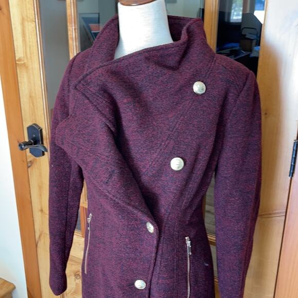 Wine Military Coat Gold Buttons Asymmetrical Foldover Collar Small NWT - Picture 7 of 14